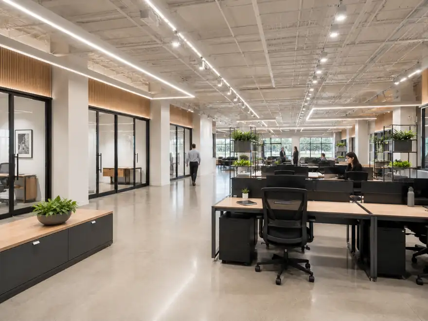 Finished open-plan office floor with linear pendants and track lighting on an exposed ceiling