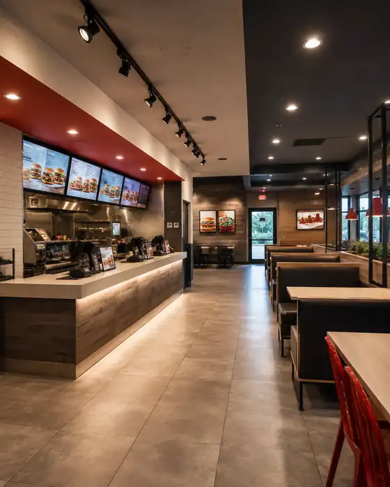 Quick-service restaurant interior with track heads, menu board displays and lit service counter